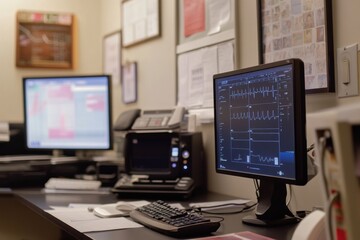 Naklejka premium Telemedicine interface in healthcare setting with soft lighting and negative space below