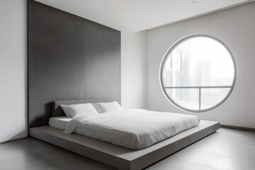 Modern minimalist bedroom with platform bed, round window, and grey wall.