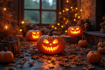 Obraz premium Halloween pumpkin carving celebration cozy interior photography festive atmosphere close-up view