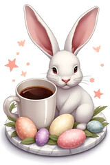Easter bunny holding coffee with colorful eggs on plate spring digital art cheerful vibe