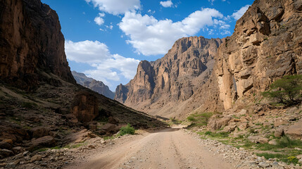 Expansive Canyon Landscape With Dirt Road Winding Through Rugged Brown Mountain Terrain Under Blue Sky And White Clouds