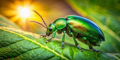 Fototapeta premium Aerial Drone Shot: Green Beetle on Leaf, Close-up Nature Photography