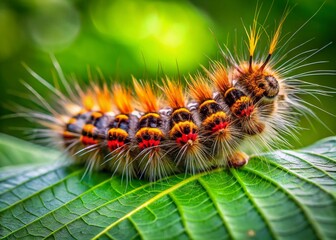 Fototapeta premium Aerial Drone Shot of Big Hairy Vapourer Moth Caterpillar on a Leaf