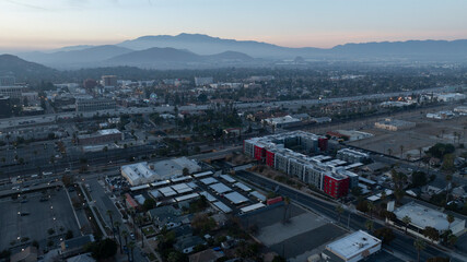 Twilight view of the downtown skyline, interstate 91 Freeway, and urban core of Riverside,...