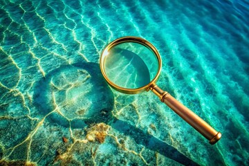 Aerial Drone View: Gold Magnifying Glass on Turquoise Water - Exploration, Discovery