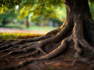 Tree roots twisting into earth with warm ambient lighting and negative space above