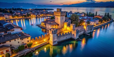 Fototapeta premium Aerial Night View of Sirmione Castle, Lake Garda, Italy
