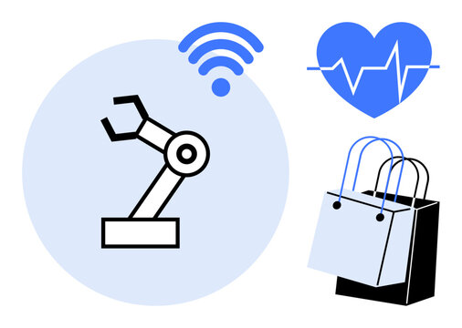Mechanical arm indicating automation, wireless signal for connectivity, heart with ECG line for healthcare, shopping bags for retail. Ideal for technology, innovation, healthcare, retail, e-commerce