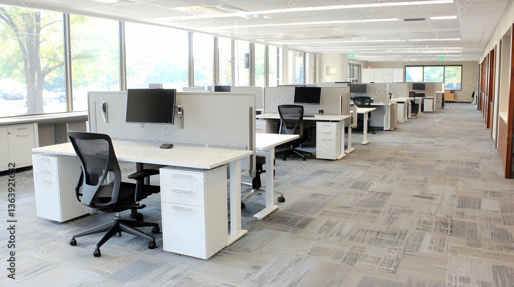 Poster empty office interior with white desks and chairs with computer monitors arranged in rows under brig