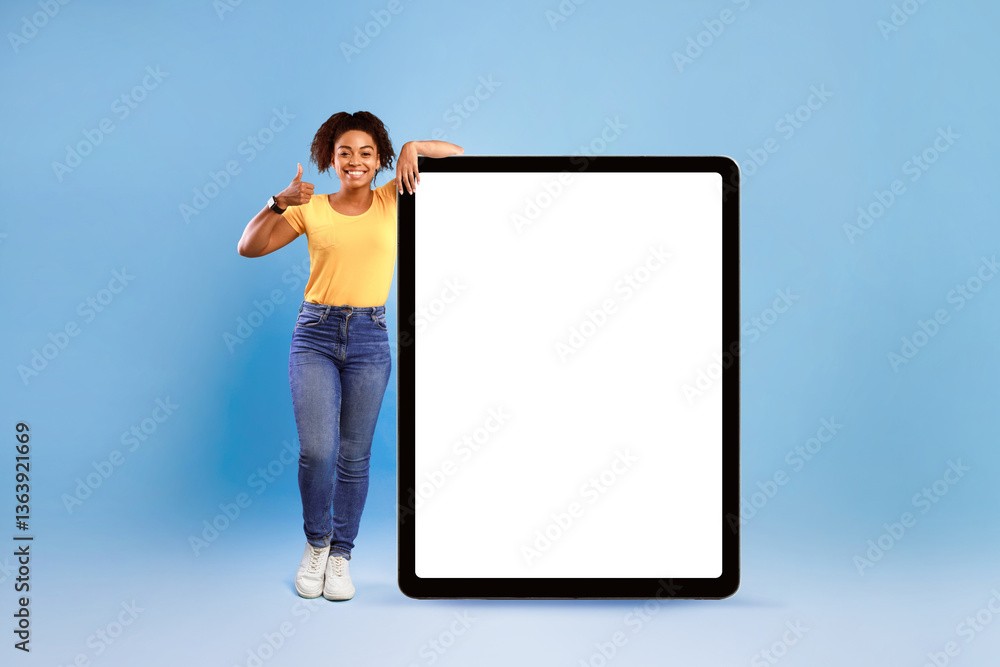 Poster happy african american lady standing near huge tablet computer with empty screen, showing thumb up, 