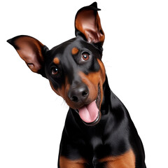 close up of a  Doberman Pinscher dog with white backdrop 
