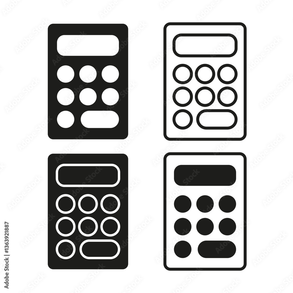 Poster calculator icon set. simple numeric keypad. black and white shapes. digital finance tool.