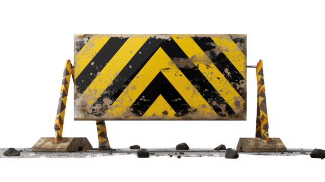 Construction Zone: A weathered barricade with bold yellow and black stripes marks a construction zone, conveying a message of caution and safety in a realistic and detailed visual