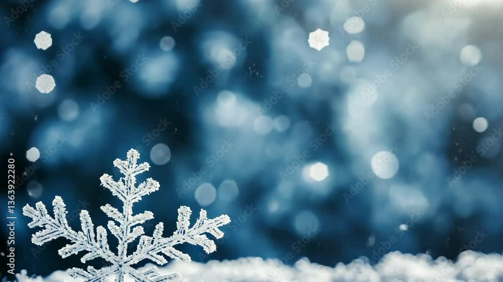 Poster snowflake resting on a frosty surface with a blurred winter background illuminated by soft light