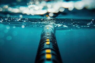 Underwater data cables in ocean environment with natural lighting and copy space above