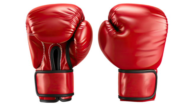 Red Boxing Gloves Ready for Action: Two vibrant red boxing gloves sit side by side, poised for intense action and representing the power and discipline of the sport.