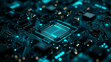 Fototapeta premium Advanced Technology Circuit Board with Blue Light Featuring Microchip and Processor for AI, Robotics, and IoT Innovation