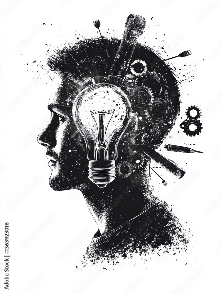 Aufkleber creative man with gears and lightbulb illustrating innovation and problem-solving in black and white