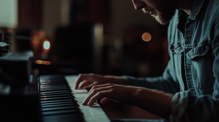 Close Up of a Musician Playing Piano Keys with Intense Focus in a Dimly Lit Room