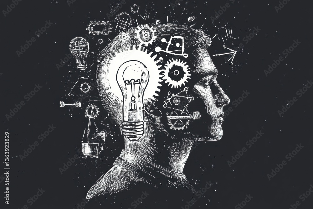 Aufkleber man profile silhouette with gears tools and lightbulb symbolizing innovation and creativity in a bla