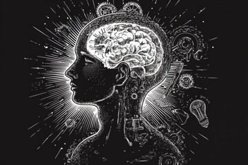 Profile of a man with gears and tools symbolizing innovation and creativity in a generative ai sketch engraving style