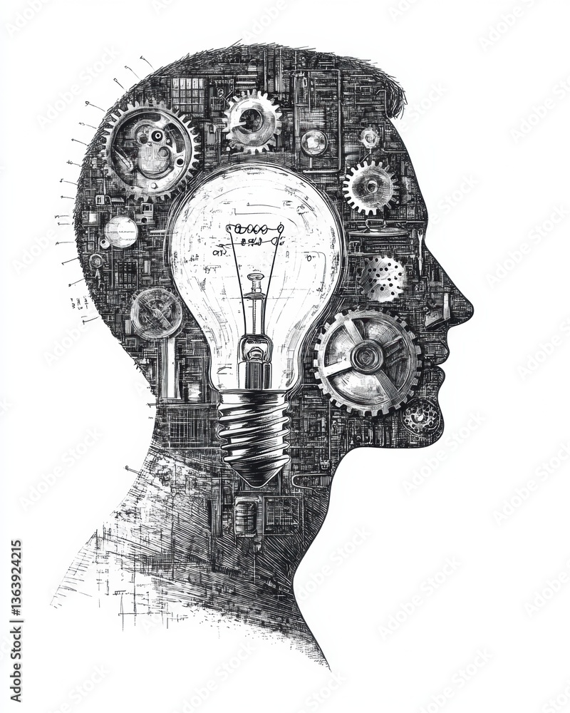 Aufkleber profile of a man with gears and tools symbolizes innovation and creativity in a detailed sketch engr