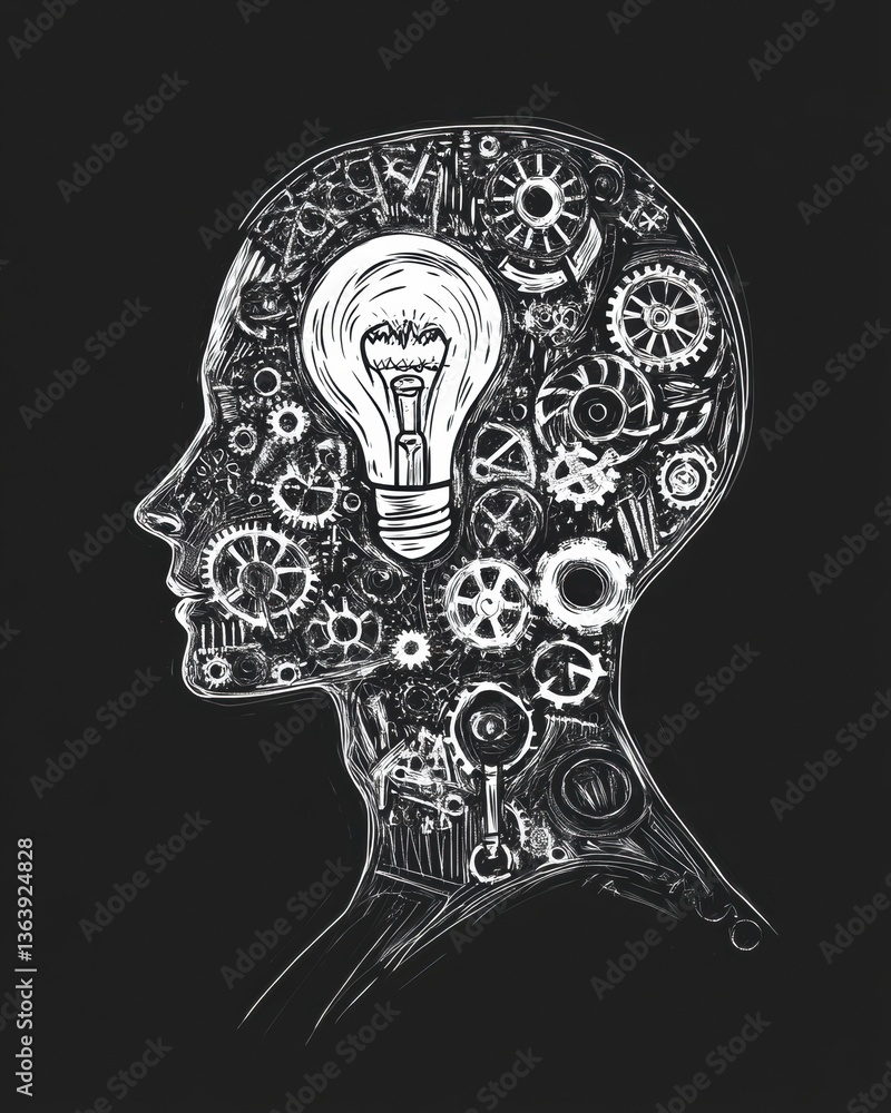Poster creative innovation represented through a mans profile filled with gears and a lightbulb symbol in a