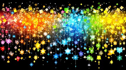 Fototapeta premium Rainbow confetti and stars falling on black background.