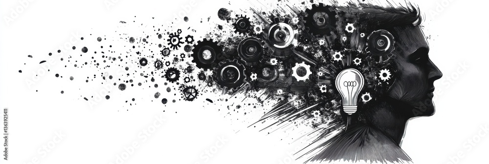 Poster profile of a man showcasing gears, tools, and lightbulb in a sketch engraving representing innovatio