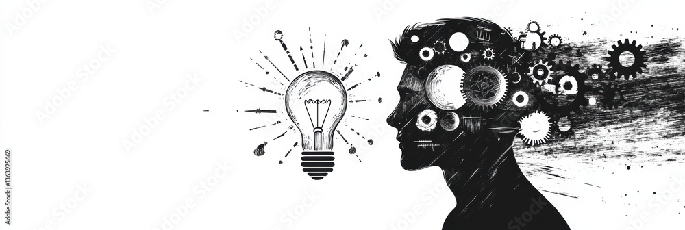 Poster man profile with gears and lightbulb symbolizing innovation and creativity in black and white sketch