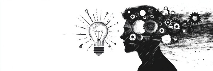 Obraz premium Man profile with gears and lightbulb symbolizing innovation and creativity in black and white sketch engraving