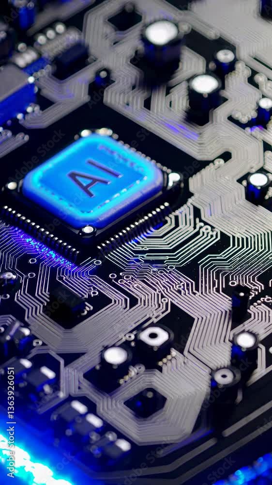 Poster close-up, angled view of a circuit board with ai chip, highlighting intricate patterns and blue ligh