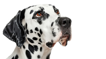 Dalmatian Portrait: A close-up portrait of a Dalmatian, with its iconic black spots and expressive eyes, showcasing the breed's unique charm and elegance.