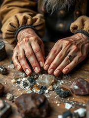 hands of a master with natural minerals at the table close-up. ancient crafts