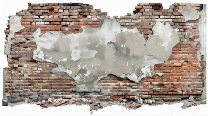 Old broken brick wall, Ruined brick wall Isolated on a white background, A worn-out empty old brick wall 