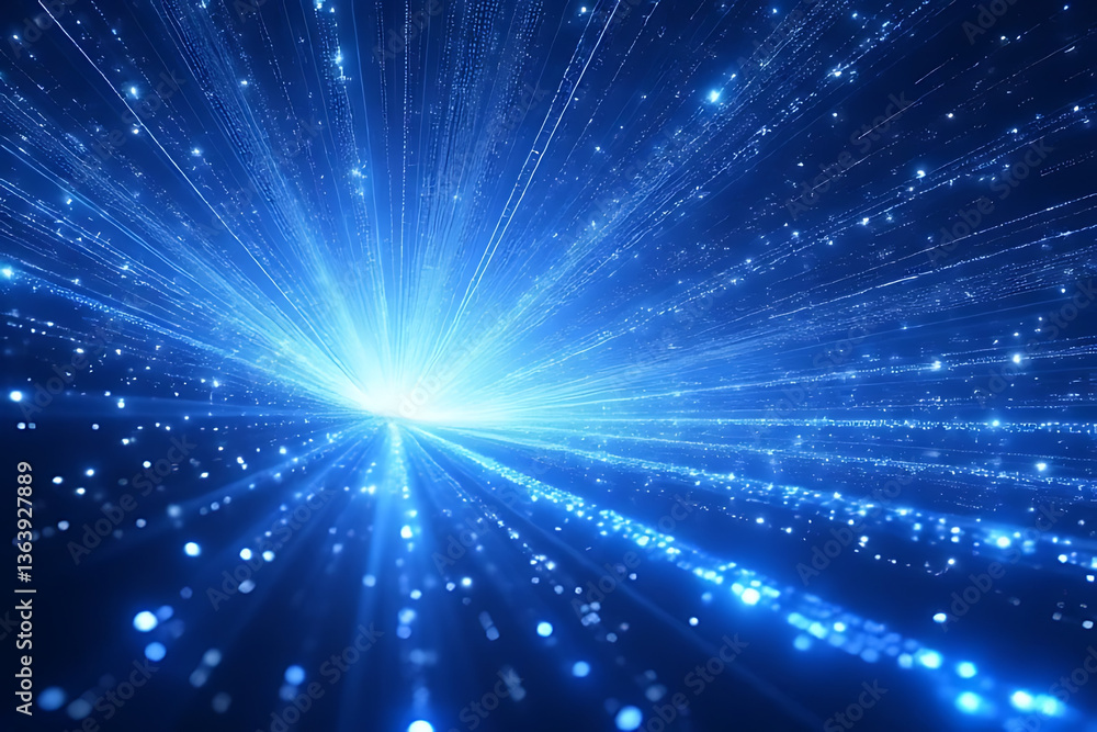Poster dynamic light rays emanating from a central point abstract space digital art blue glow