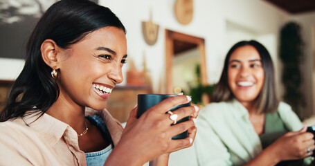 Laughing, coffee and friends with women on sofa for bonding, relax and social reunion. Discussion, caffeine and drink with people in living room at home for funny chat, news and connection together