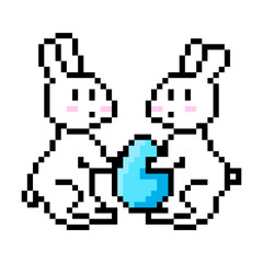Pixel rabbit pair. Holding blue egg. Cute retro design. Vector art.