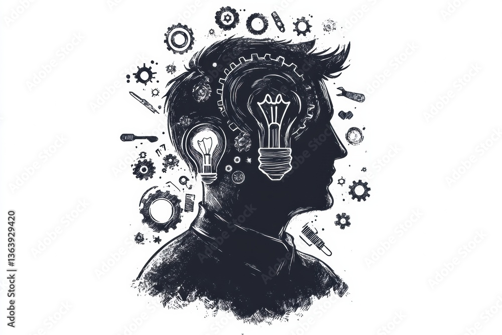 Poster creative innovation profile sketch featuring gears, tools, and a lightbulb reflecting imaginative th