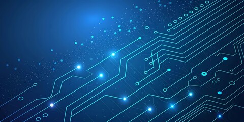 A futuristic digital background featuring glowing blue circuitry lines and connected dots on a dark blue gradient backdrop. The circuit lines extend diagonally with a neon effect.
