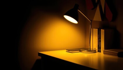 A desk lamp illuminates a table with books in a cozy, dimly lit setting.