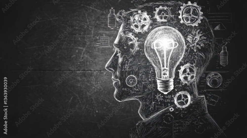 Poster innovation and creativity represented through a mans profile filled with gears and a lightbulb, illu