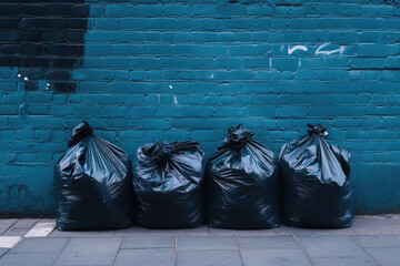 Garbage Bags on Blue Brick Wall