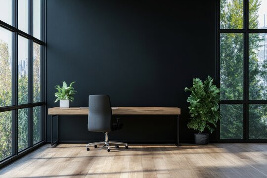 Modern minimalist home office with dark wall, wooden desk, and large windows.