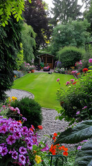 Landscaping Services Displaying Neatly Maintained Garden with Abundant Greenery and Floral Beauty