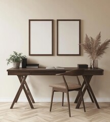 Modern minimalist home office with wooden desk, chair, and pampas grass.