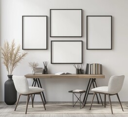 Modern minimalist home office with wooden desk, chairs, and empty frames.