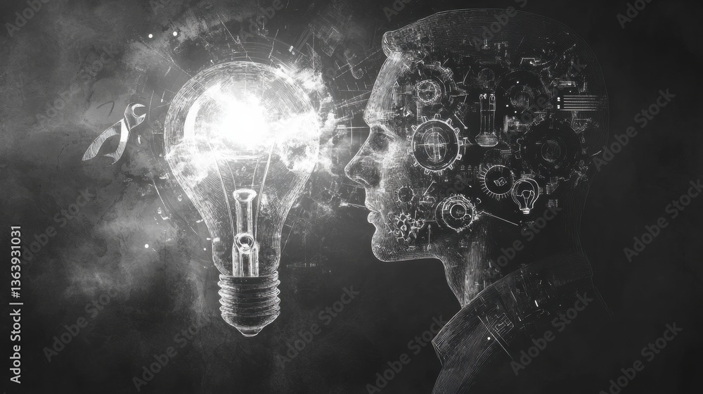 Poster creative innovation represented through a profile of a man with gears and tools merging with a light