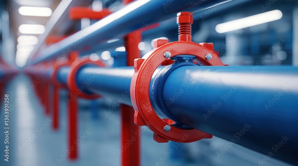 Poster a close-up view of an industrial pipe fitting, featuring vivid colors and a focus on the connection 