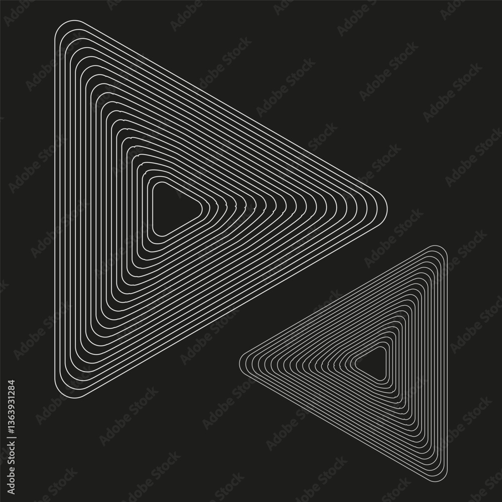 Poster geometric triangle icon. concentric line effect. black background contrast. vector optical illusion.